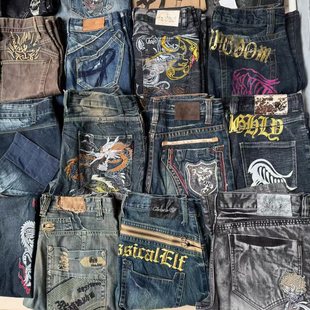 古着外贸辣妹Y2K千禧亚文化亚比朋克低腰微喇叭阔腿牛仔长裤刺绣