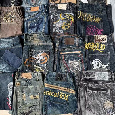 古着Y2K千禧涩谷牛仔阔腿喇叭裤