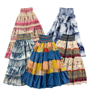 古着vintage波西米亚高腰拼接百褶裙复古民族风少女春夏半身裙t