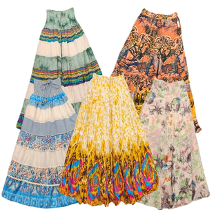 古着vintage波西米亚高腰拼接百褶长裙复古民族风少女春夏半身裙F