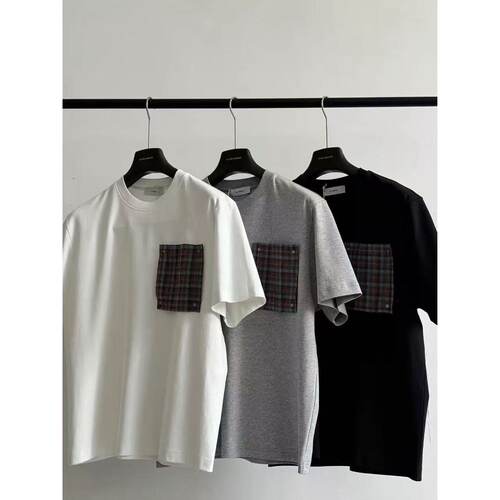 定织格子毛边口袋短袖t恤男