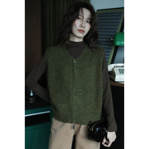 绿色复古双拉链短款针织马甲女