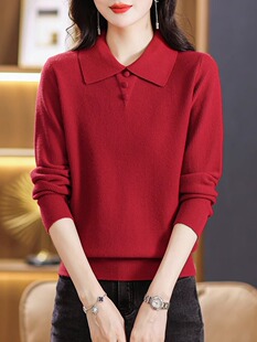 春秋翻领毛衣女秋冬针织衫宽松显瘦时尚短款中年妈妈打底衫外穿