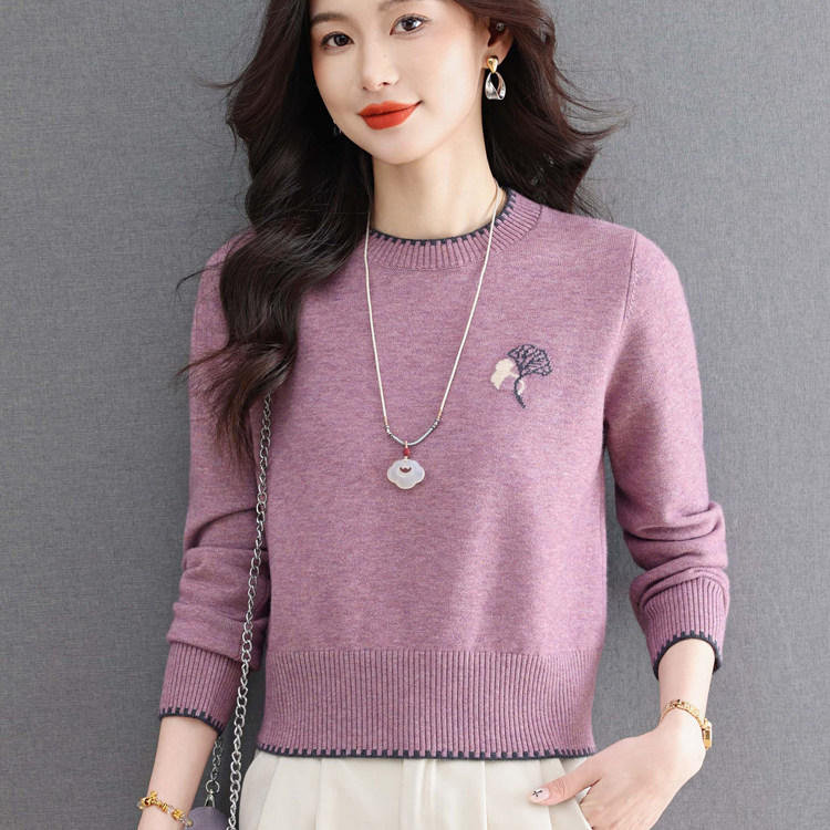 2026新款春秋提花圆领针织衫女图片