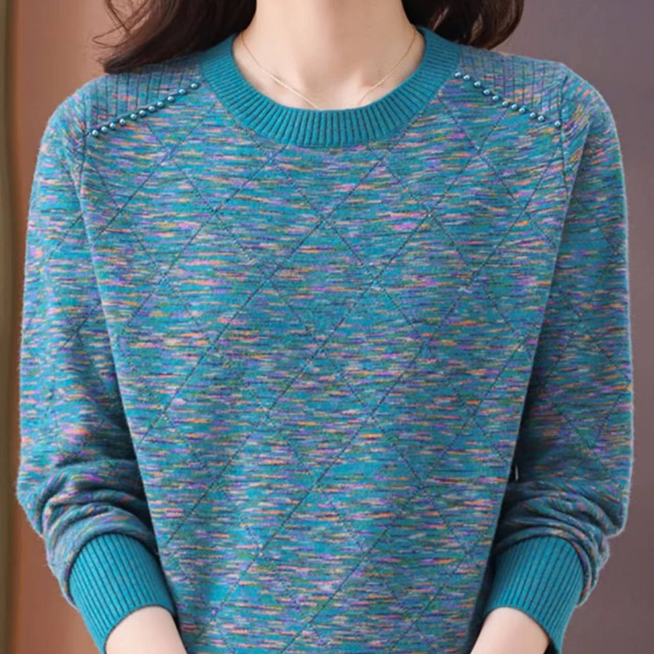 花纱短款宽松羊毛衫2025女春秋新款针织上衣妈妈圆领花色打底毛衣