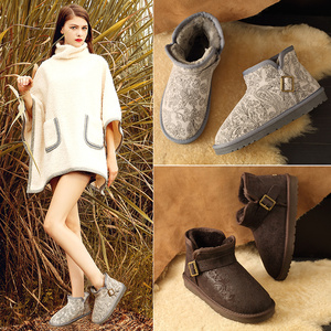 QNZY新款雪地靴女低筒短靴平跟搭扣真牛皮防滑牛筋底保暖休闲冬靴