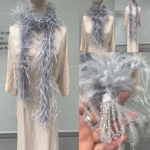 灰色鸵鸟毛围巾冬日氛围感可爱轻奢毛毛围巾皮草细条礼服配饰装饰