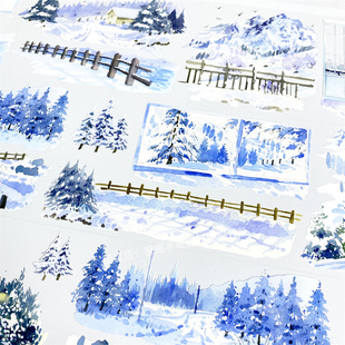 手帐分装胶带v67落雪归途景物志冬天山古风PET素材账流麻贴纸咕卡