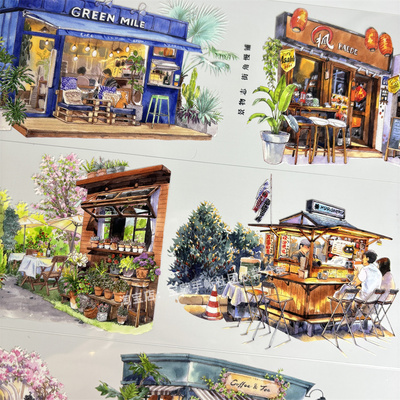 手帐分装胶带a801街角慢铺房屋景物志古风PET素材账流麻贴纸咕卡