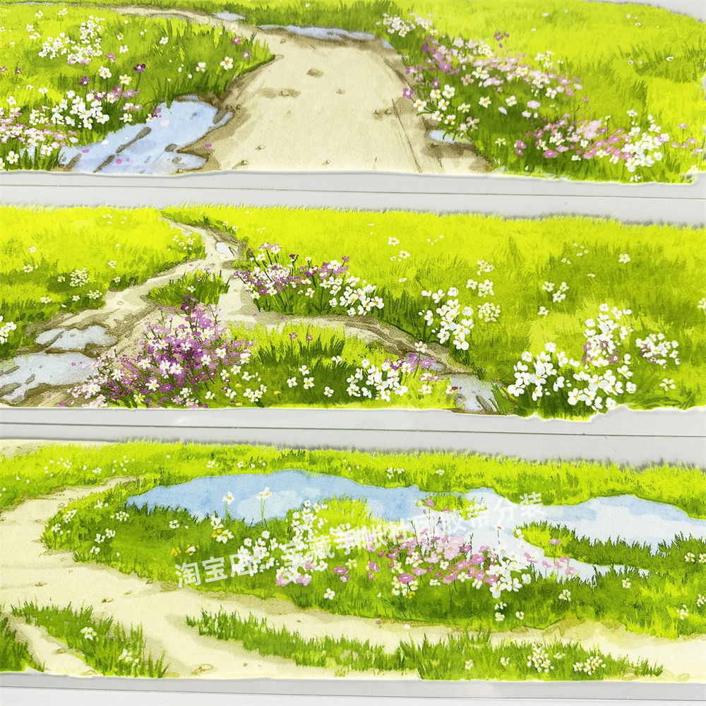 手帐分装胶带r77春花遍野景物志绿草地小路PET古风素材账流麻贴纸