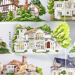 手帐分装胶带洋房小筑景物志欧式小别墅绿汽PET素材账手机壳贴纸