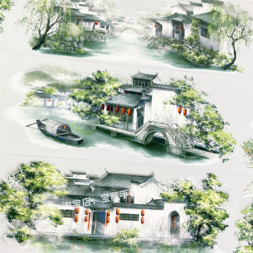 手帐分装胶带r10江南小镇zero烟雨房屋PET古风素材账流麻贴纸咕卡