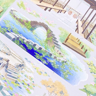 手帐分装胶带水华游廊新七天庭院池塘荷花PET素材账流麻diy贴纸