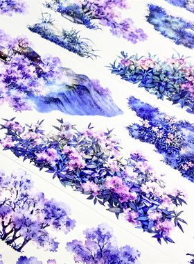 手帐分装胶带v66春意浓夜晚景物志花草绿植古风PET素材账流麻贴纸