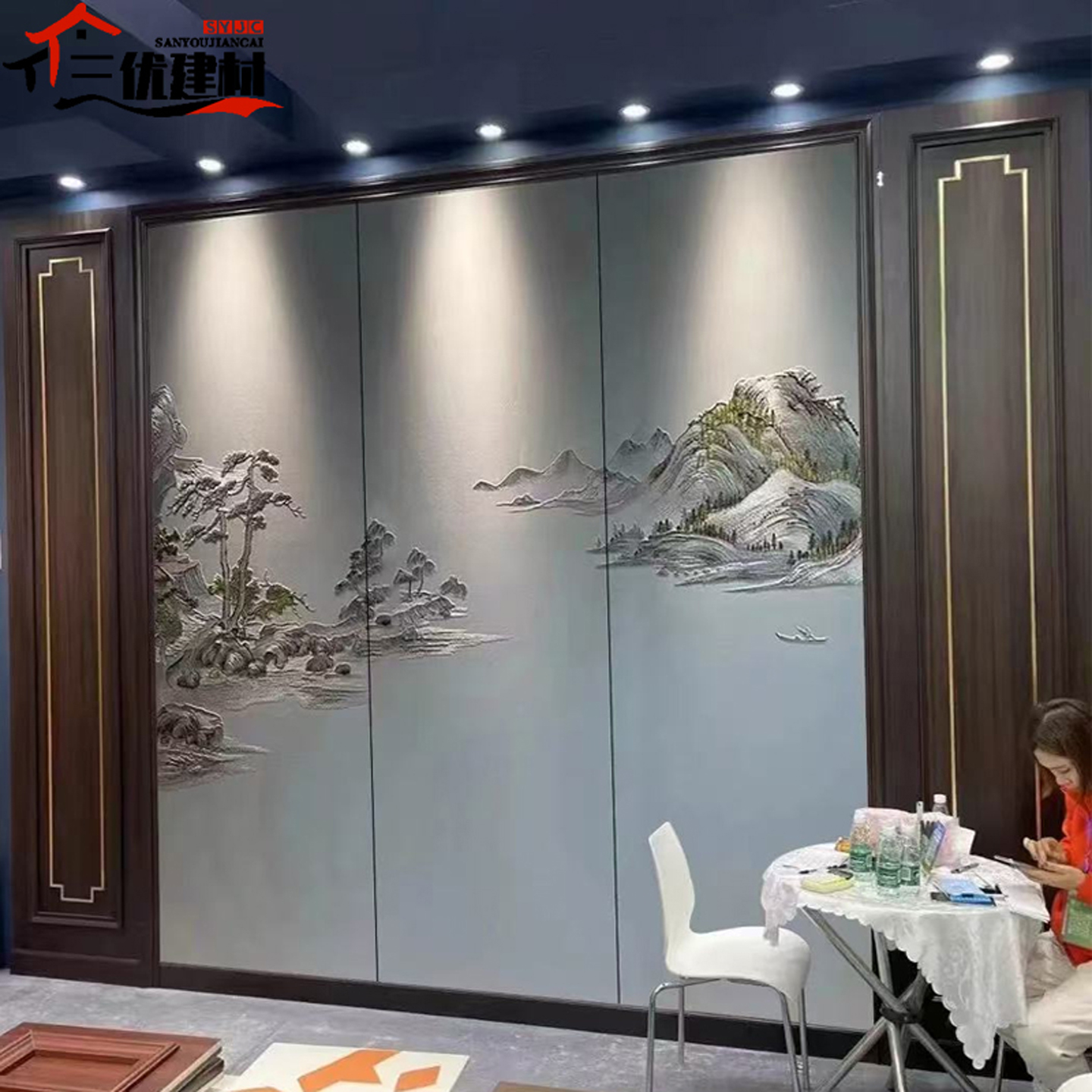 中式山水硬包背景墙布