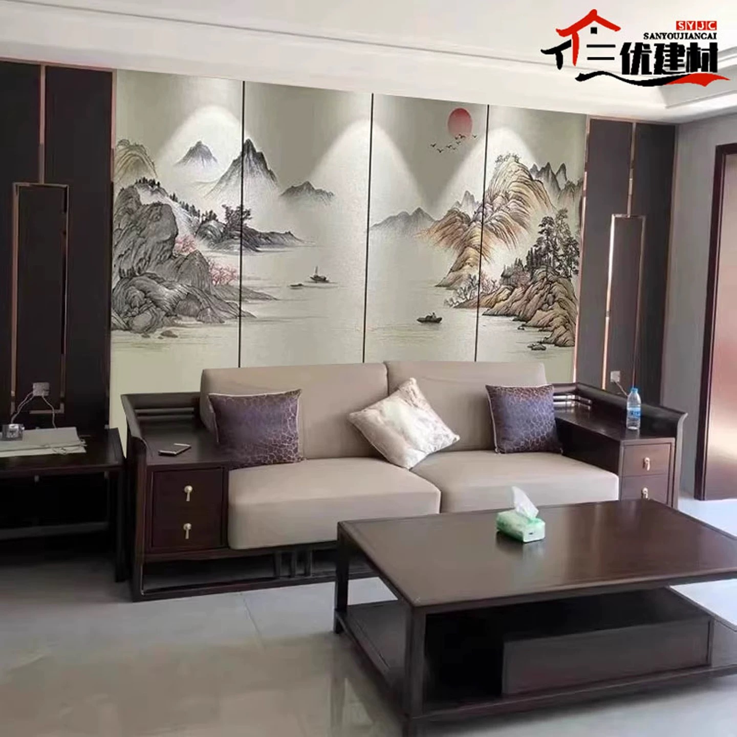 新中式刺绣山水硬包背景墙墙布