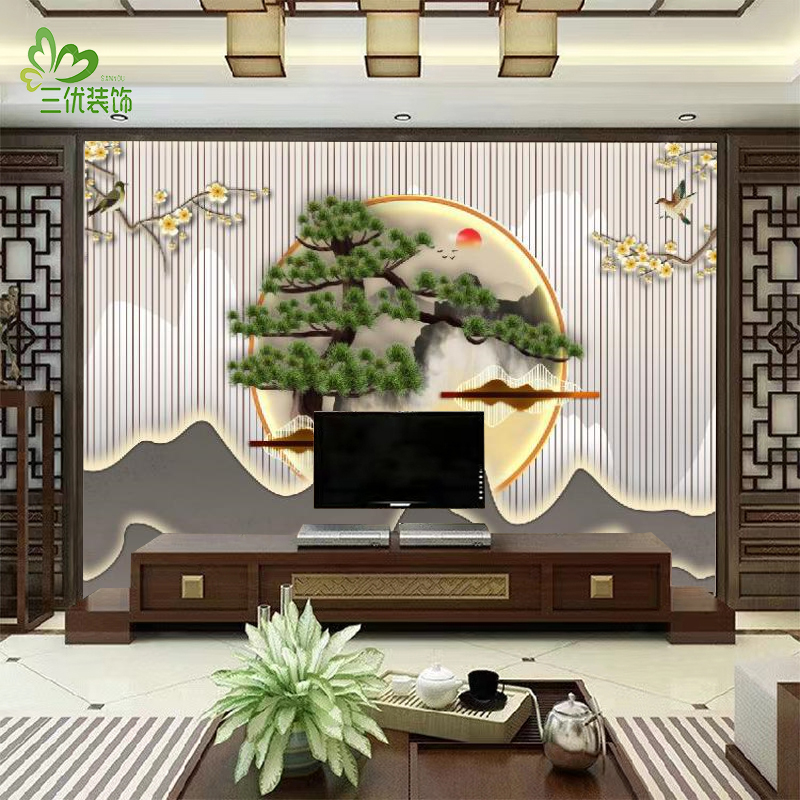 定制新中式背景墙软包硬包客厅电视沙发卧室床头装饰画刺绣壁画图片