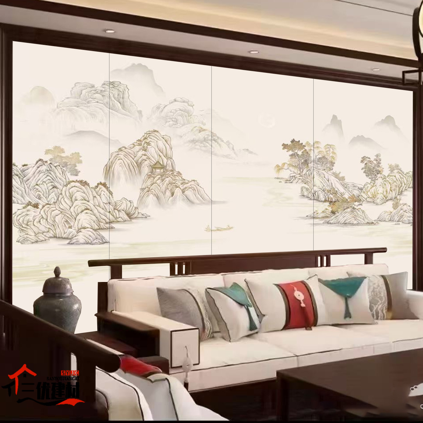 定制新中式刺绣沙发背景墙宋氏美学电视酒店宾馆床头硬包壁画