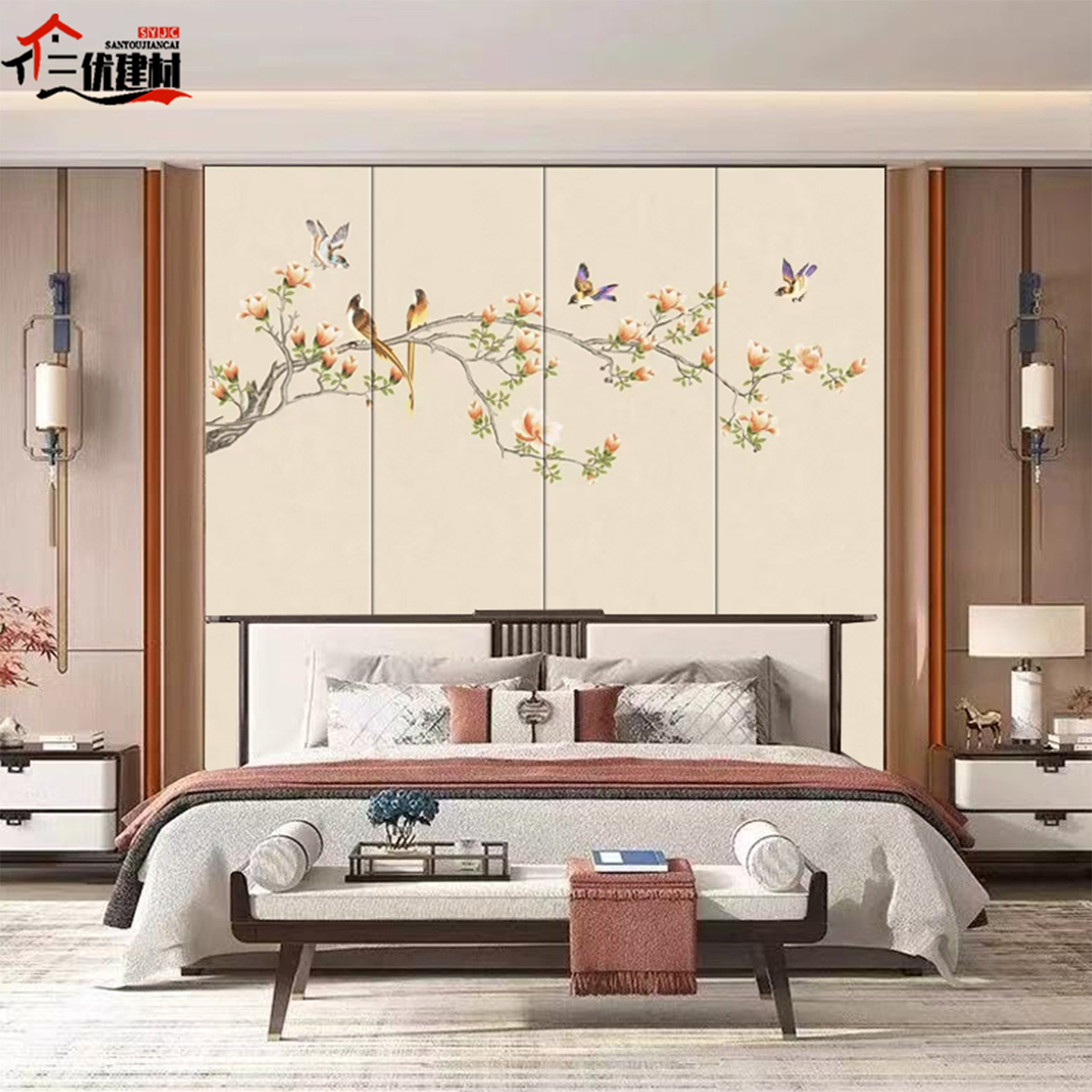 中式卧室床头花鸟刺绣硬包背景墙宋氏酒店客厅电视沙发玄关打印画