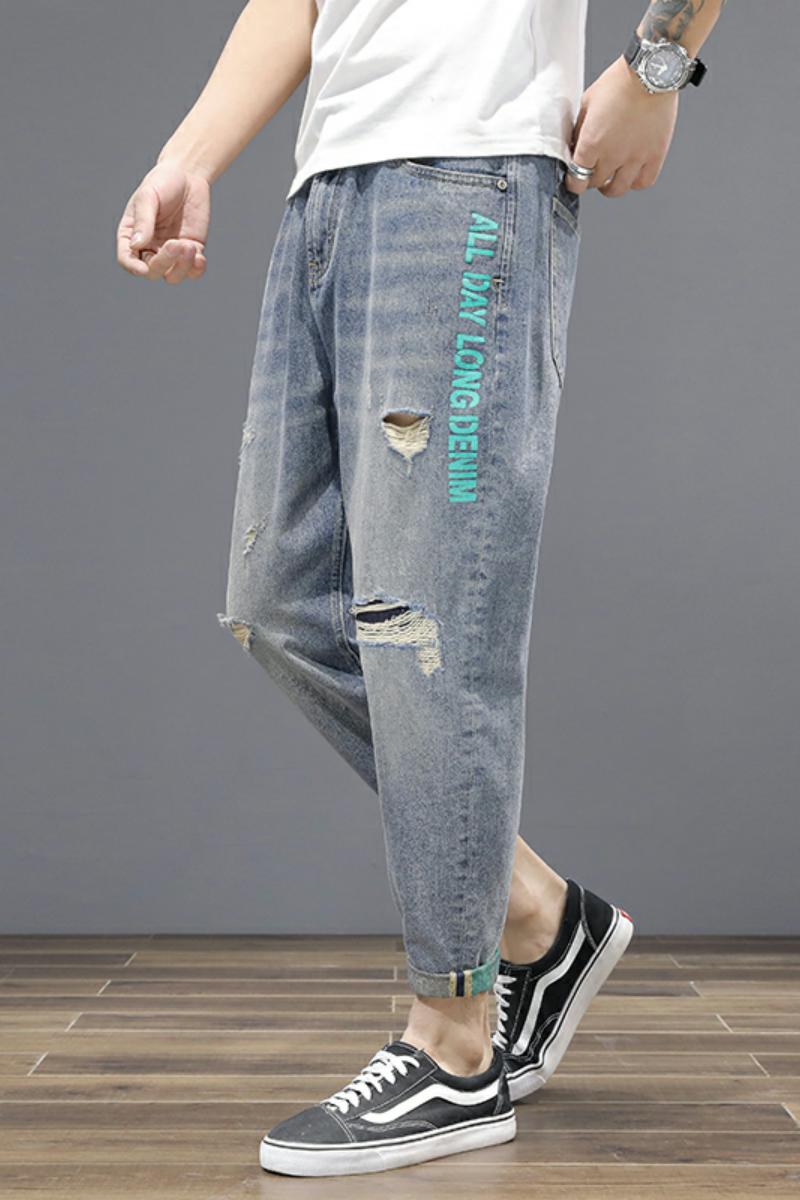 XZ304B-2-K6816BP55秋季百搭破洞牛仔裤休闲字母印花,男装牛仔裤,星座304A-1