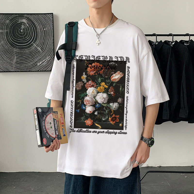 304A-1-ST607P26新品短袖T恤男玫瑰油画印花休闲体恤,男装T恤,星座304A-1