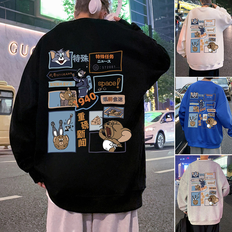 W391AP35加绒45秋冬宽松套头圆领卫衣卡通印花无帽外套内搭高街,男装卫衣,星座304A-1