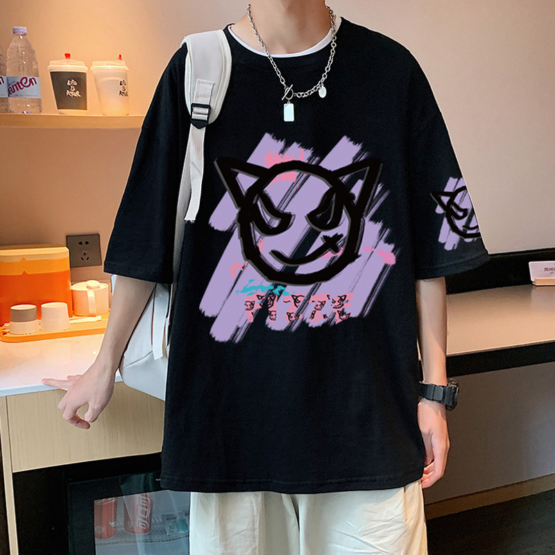 XZ304A-1-T618BP26夏季时尚宽松短袖t恤恶魔笑脸重磅纯棉体恤,男装T恤,星座304A-1