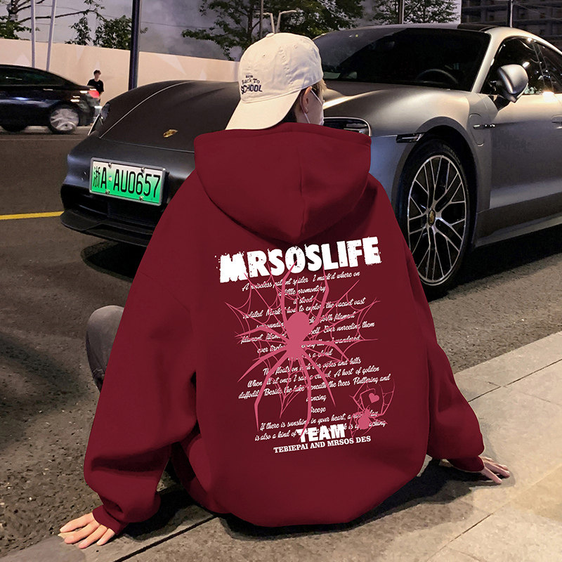 CM069P60新品酒红色宽松潮牌纯棉帽衫oversize卫衣长袖套头上衣图片