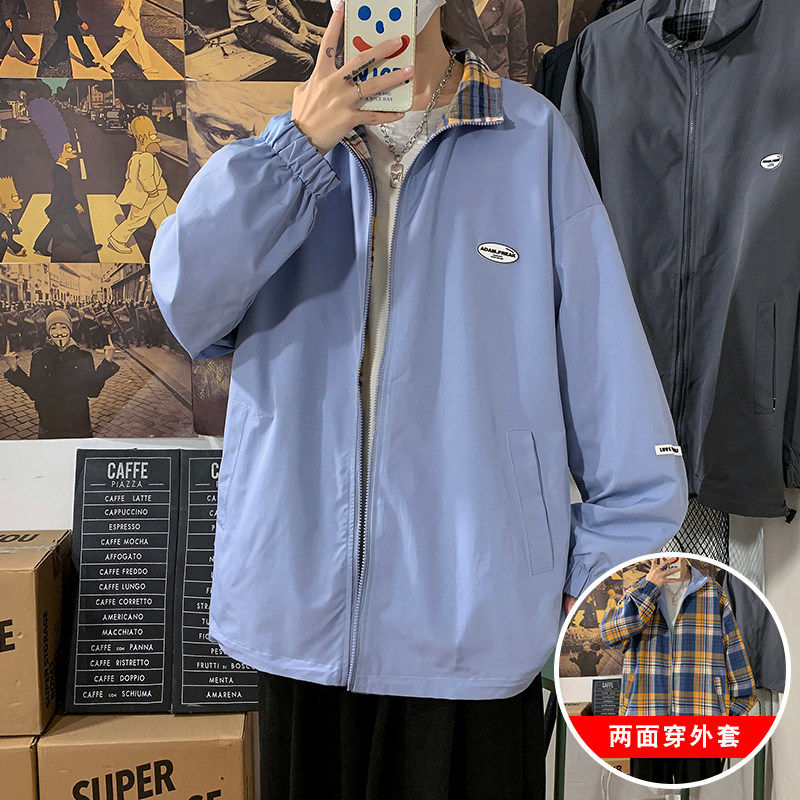 XZ304A-1-H123P70新品两面穿夹克男休闲黑白格子外套翻领上衣服图片