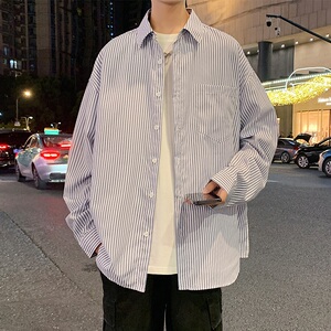 C003P40新品复古条纹长袖衬衣休闲衬衫oversize宽松开衫外套图片