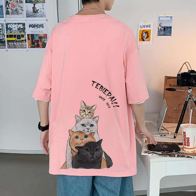304A-TM320D纯棉短袖t恤新款i卡通猫咪印花上衣宽松宽松,男装T恤,星座304A
