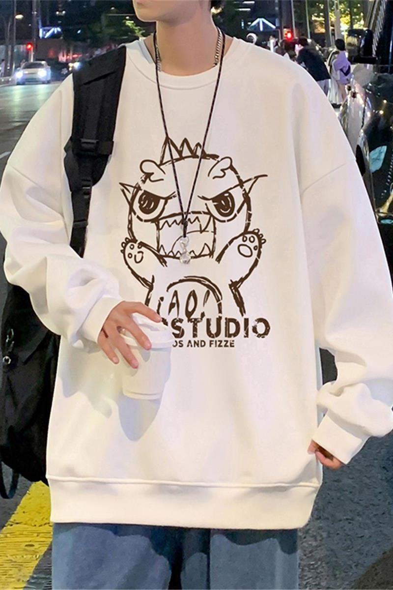 W552加绒P45新品圆领卫衣卡通小恐龙潮港风宽松休闲长袖打底衫,男装卫衣,星座304A-1