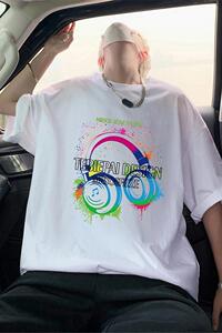 T782P26新品短袖T恤男重磅纯棉男生体恤衫耳机印花闲半袖图片