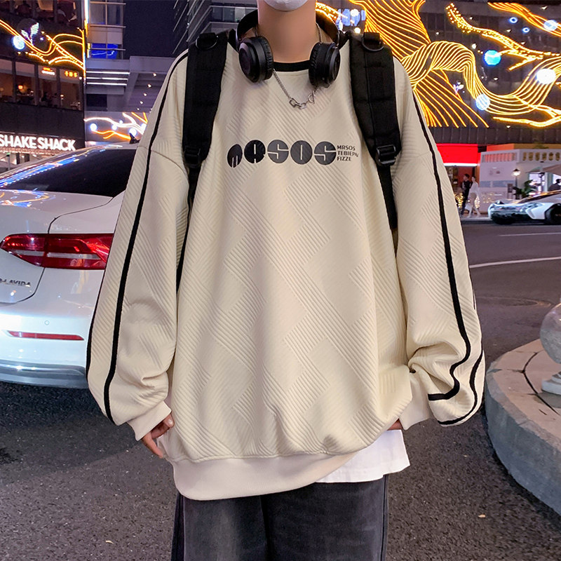 W527AP45秋冬圆领卫衣男高街打底衫宽松撞色长袖上衣服图片