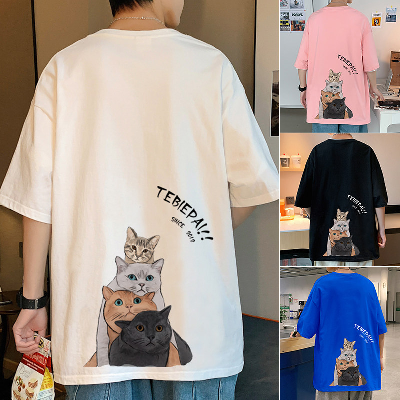 304A-TM320D纯棉短袖t恤新款i卡通猫咪印花上衣宽松宽松,男装T恤,星座304A