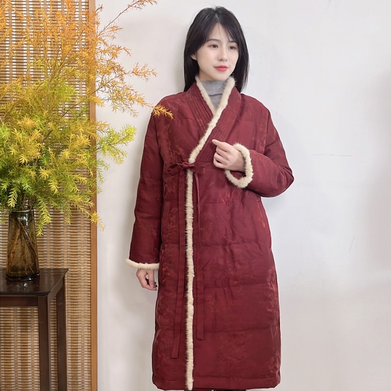 【华果定制】牡丹红色真丝香云纱水貂毛夹棉汉服女保暖秋冬春节