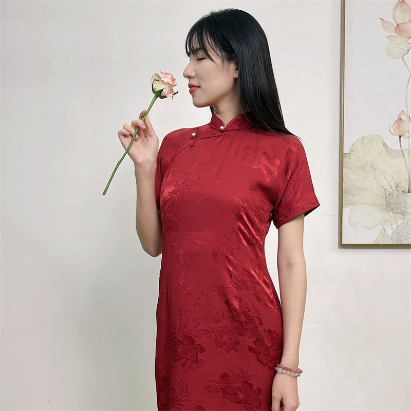 现货【华果】红妆真丝花罗旗袍女民国通袖收腰版高端礼服婚服宴会