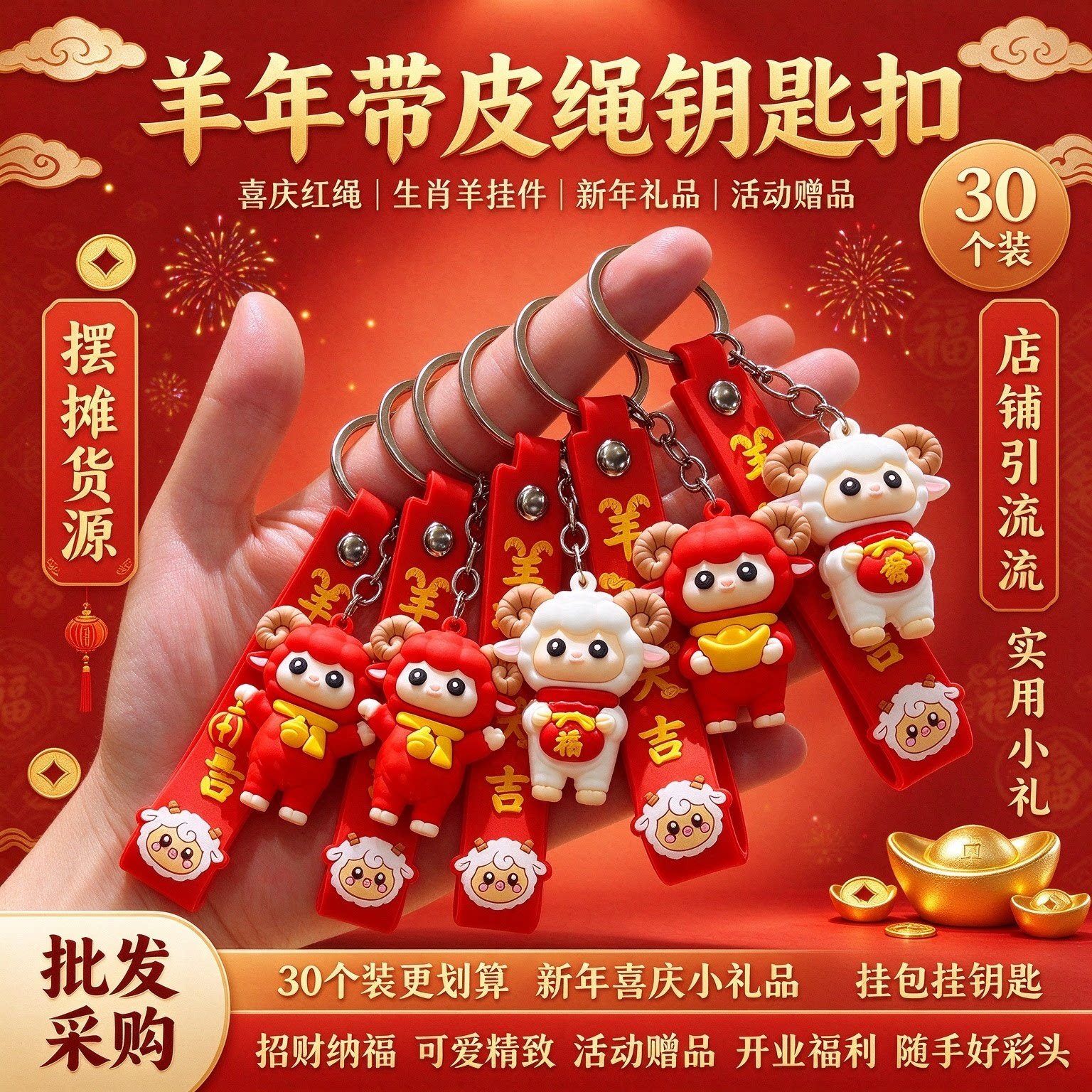 2027羊年生肖公仔钥匙扣国潮情侣包包挂件元旦新年商场活动小礼品