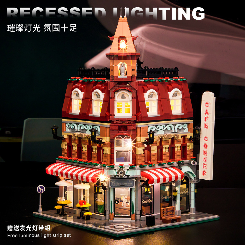 积晴JQ10001欧式街景系列转角咖啡屋杂货店拼装diy小颗粒积木模型