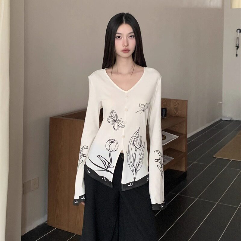 法式复古印花长袖针织开衫