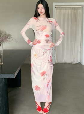 新中式玫瑰晕染印花网纱长袖上衣修身显瘦不规则荡褶半身裙套装