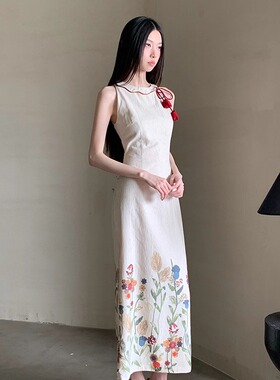 改良版新中式国风时尚气质度假风收腰显瘦连衣裙新款印花中长裙子