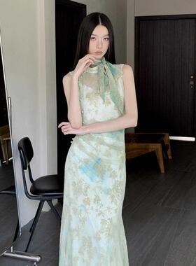 新中式植绒碎花改良无袖旗袍裙高个子植绒扎染度假风背心连衣裙子