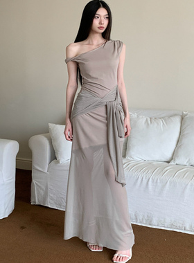 法式一字领斜肩蕾丝拼接褶皱修身背心针织连衣裙漂亮掐腰连身裙子