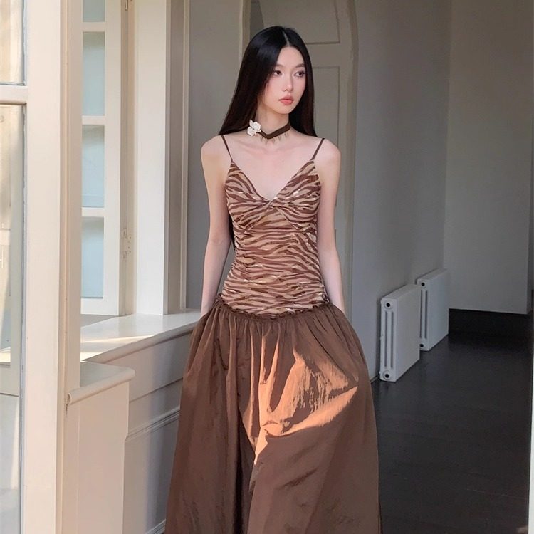 复古撞色豹纹吊带设计感连衣裙