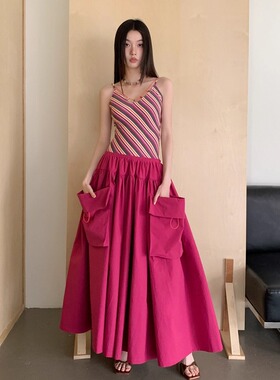 法式条纹拼接设计感假两件复古吊带背心v领连衣裙a字大摆长裙子