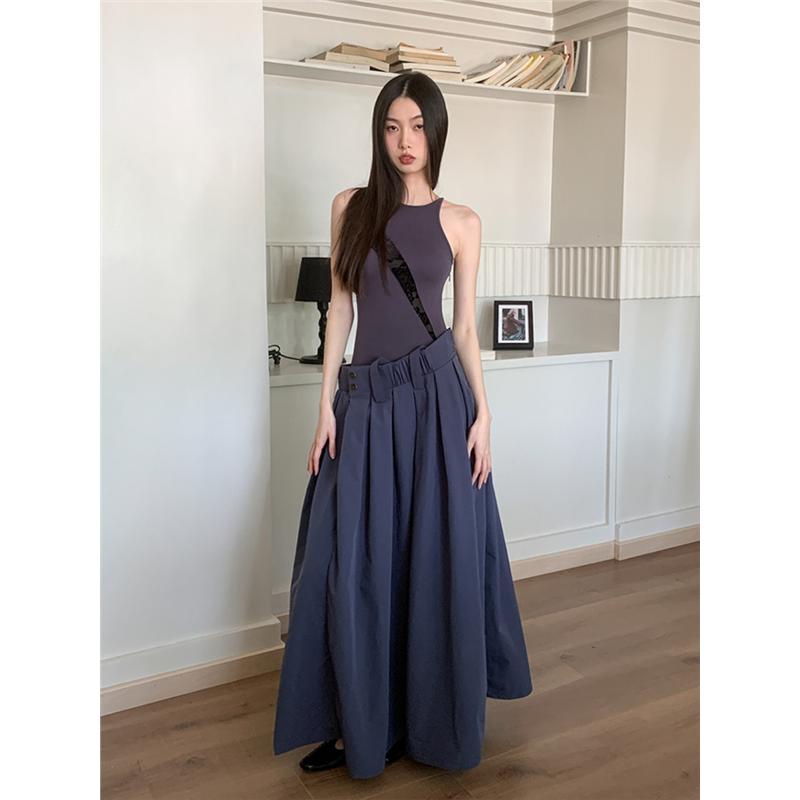 拼接拼色复古假两件大摆裙