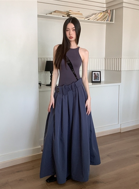 夏季修身圆领背心连衣裙女工装风小众设计不对称拼接假两件大摆裙