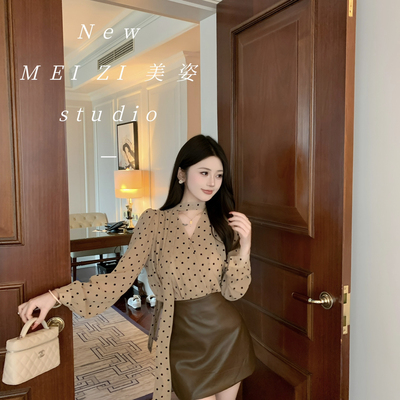 MEI ZI 美姿-秋上新优雅通勤咖色波点小衫+半身裙两件套套装22006