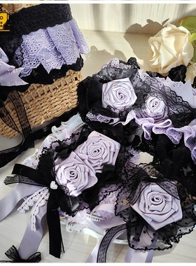 珥东手作浪漫蔷薇发带玫瑰花发饰Lolita黑紫色小物发夹包包花丸lo